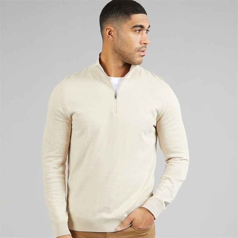 Selected Mens 1/4 Zip Knit Jumper Oatmeal - Image 1