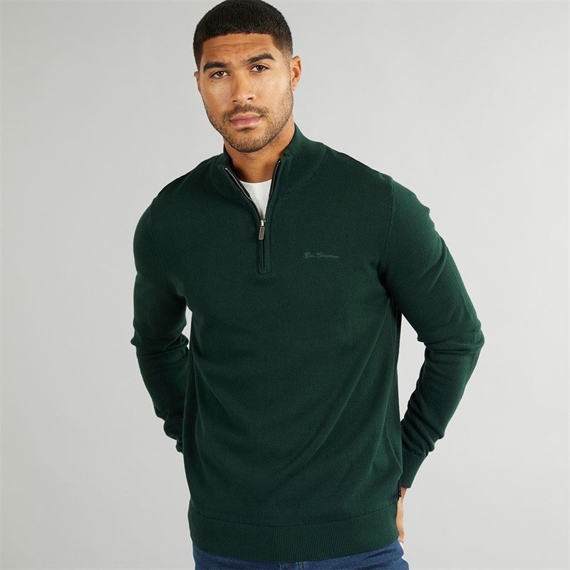 Ben Sherman Mens 1/4 Zip Funnel Neck Jumper Dark Green - Image 1