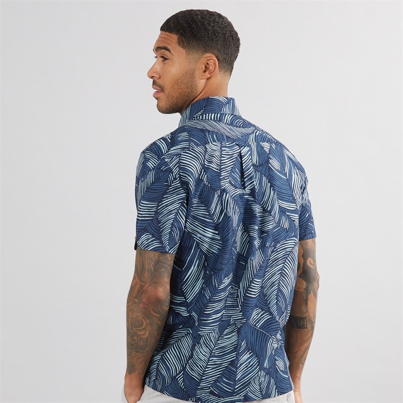 Ben Sherman Mens Short Sleeve Abstract Leaf Print Shirt Blue Denim - Image 2