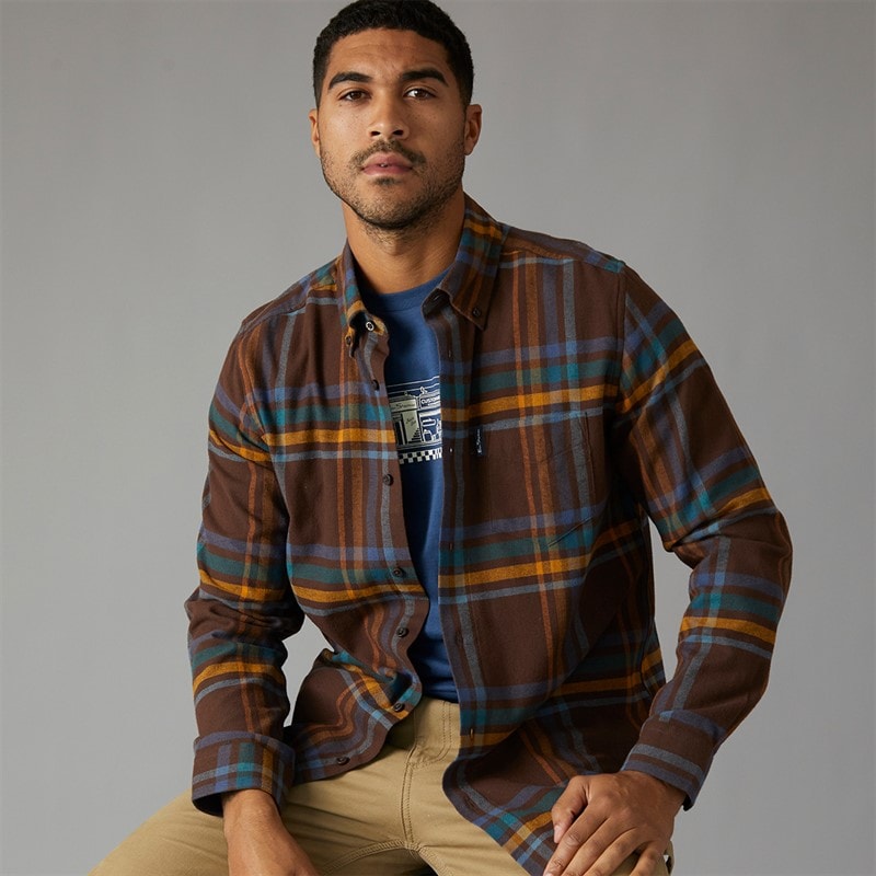 Ben Sherman Mens Long Sleeve Oversized Brushed Check Shirt Dark Brown - Image 1