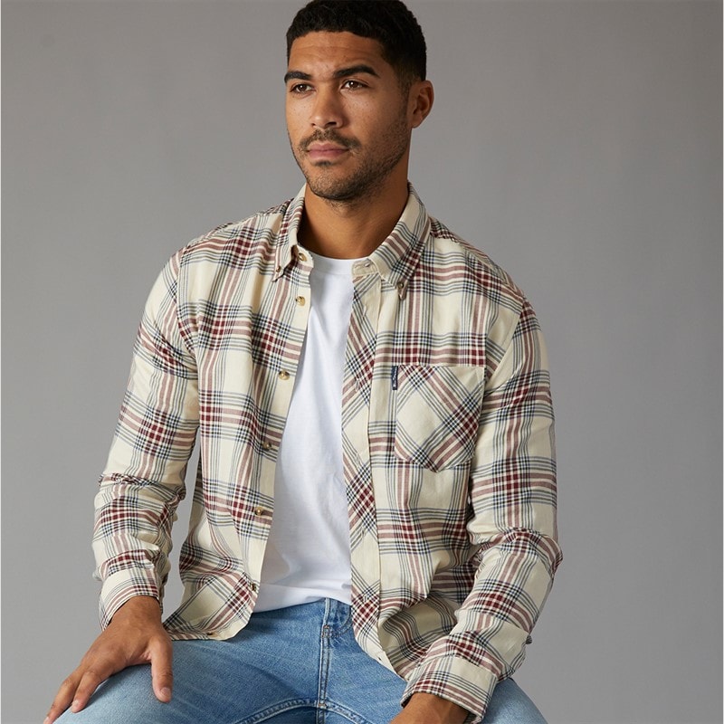 Ben Sherman Mens Long Sleeve Grid Check Shirt Fog - Image 1