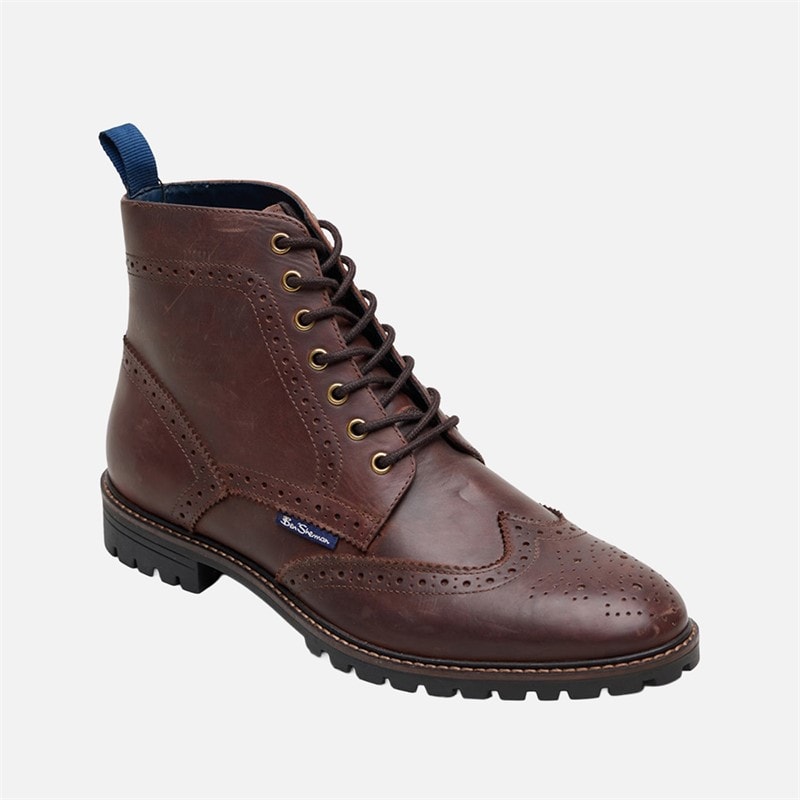 Ben Sherman Mens Duke Leather Brogue Boots Waxy Brown - Image 2