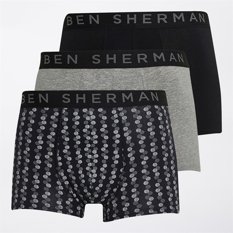 Ben Sherman Mens Jalen Three Pack Boxer Trunks Black/Print/Grey - Image 1