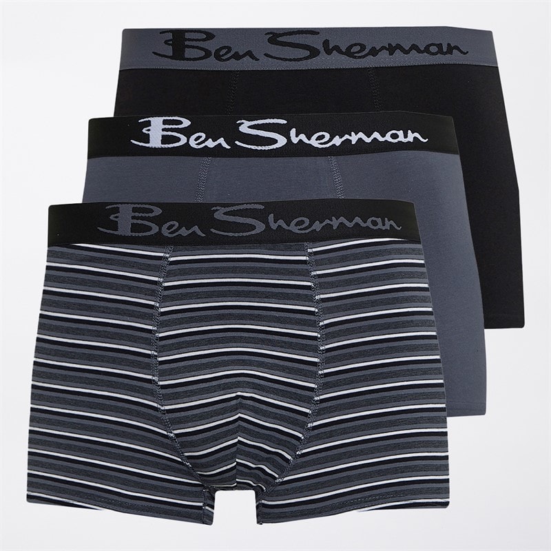 Ben Sherman Mens Franco Three Pack Boxer Trunks Grey/Stripe/Black - Image 1