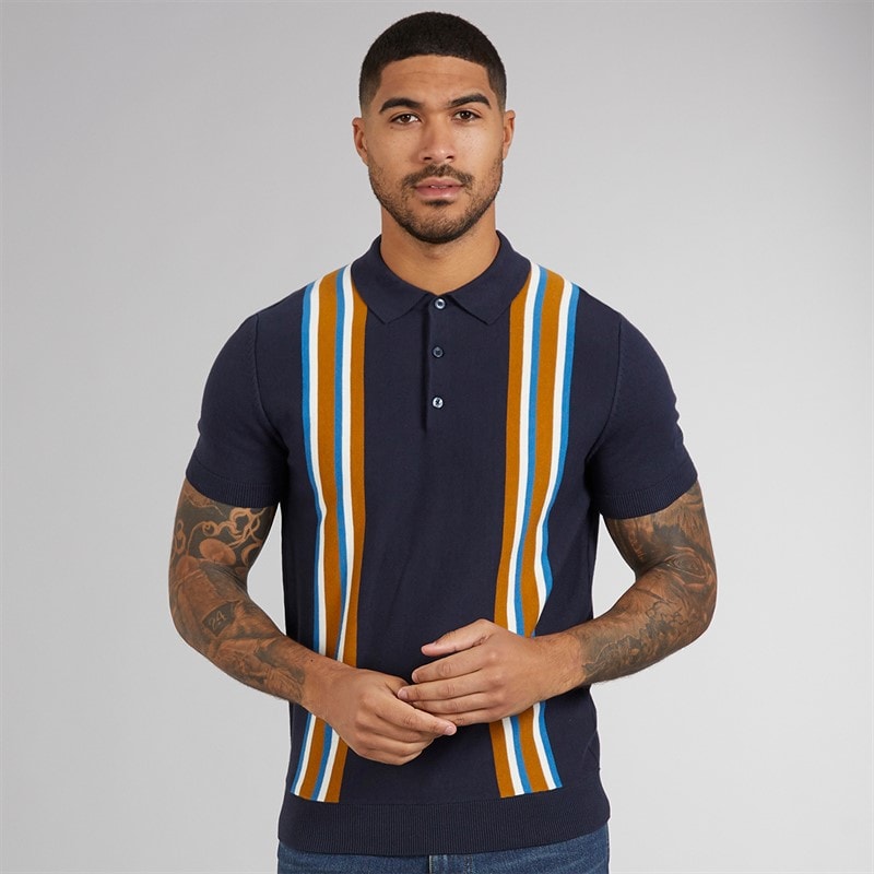 Ben Sherman Mens Vertical Stripe Knitted Polo Shirt Dark Navy - Image 1