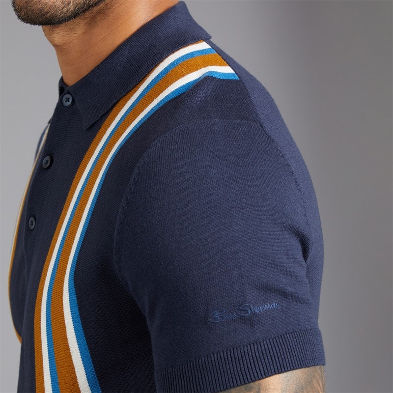 Ben Sherman Mens Vertical Stripe Knitted Polo Shirt Dark Navy - Image 3