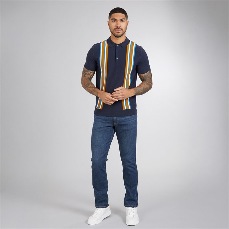 Ben Sherman Mens Vertical Stripe Knitted Polo Shirt Dark Navy - Image 4