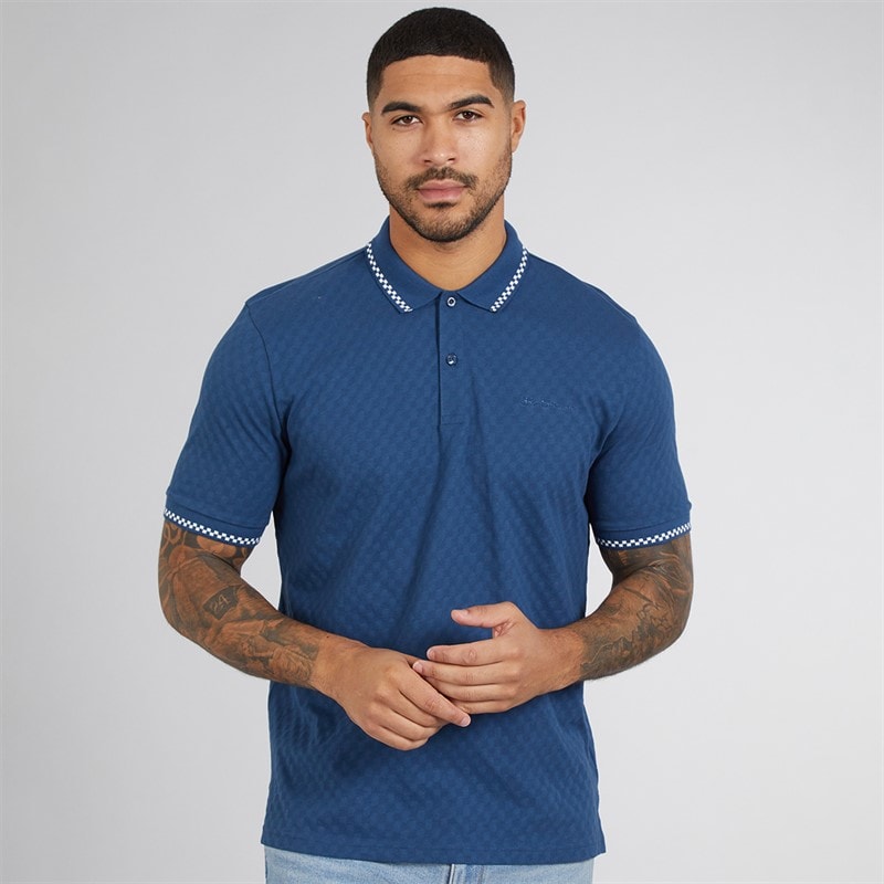 Ben Sherman Mens Chequerboard Textured Polo Shirt Indigo