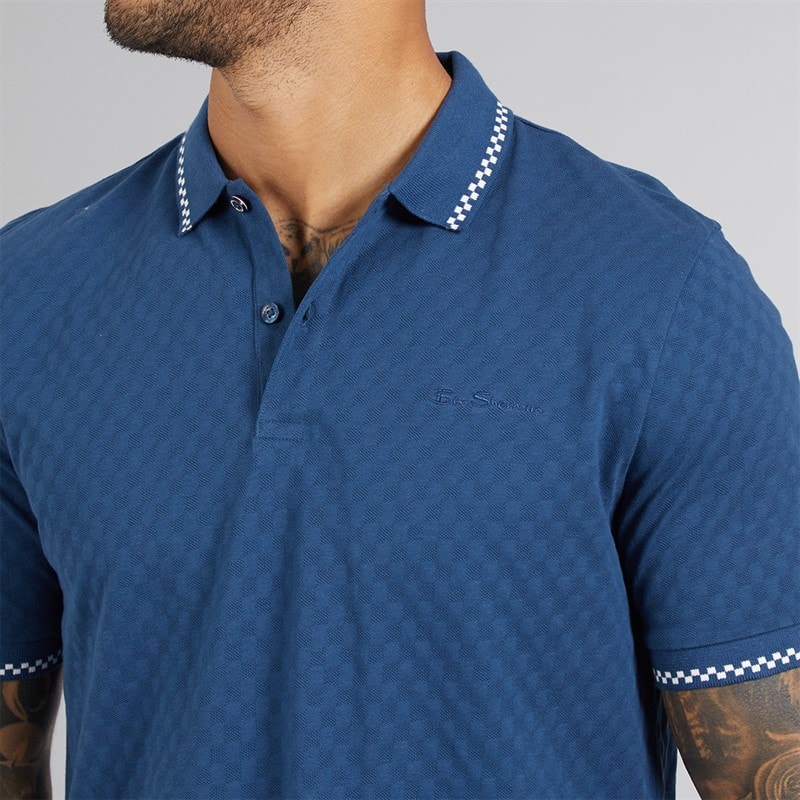 Ben Sherman Mens Chequerboard Textured Polo Shirt Indigo - Image 3