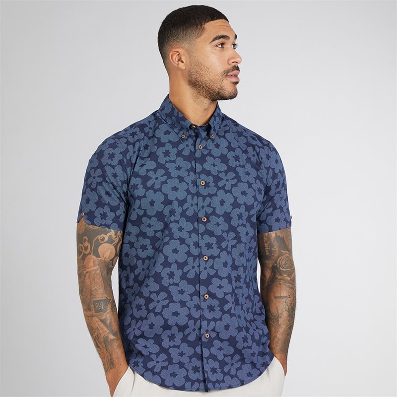 Ben Sherman Mens Short Sleeve Floral Shirt Dark Navy