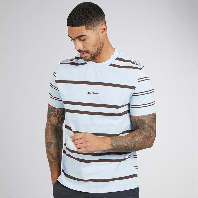Ben Sherman Mens Mixed Stripe T-Shirt Ice Blue - Image 1