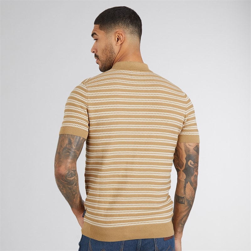 Ben Sherman Mens Jacquard Stripe Polo Shirt Sand - Image 2