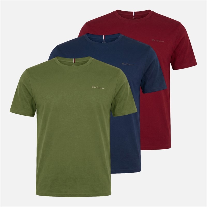 Ben Sherman Mens Signature Tape Three Pack T-Shirts Dark Red/Dark Navy/Khaki