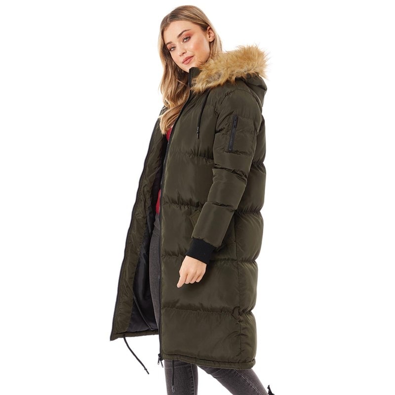 Brave Soul Womens Marcello Long Fur Trim Hooded Puffer Khaki - Image 1