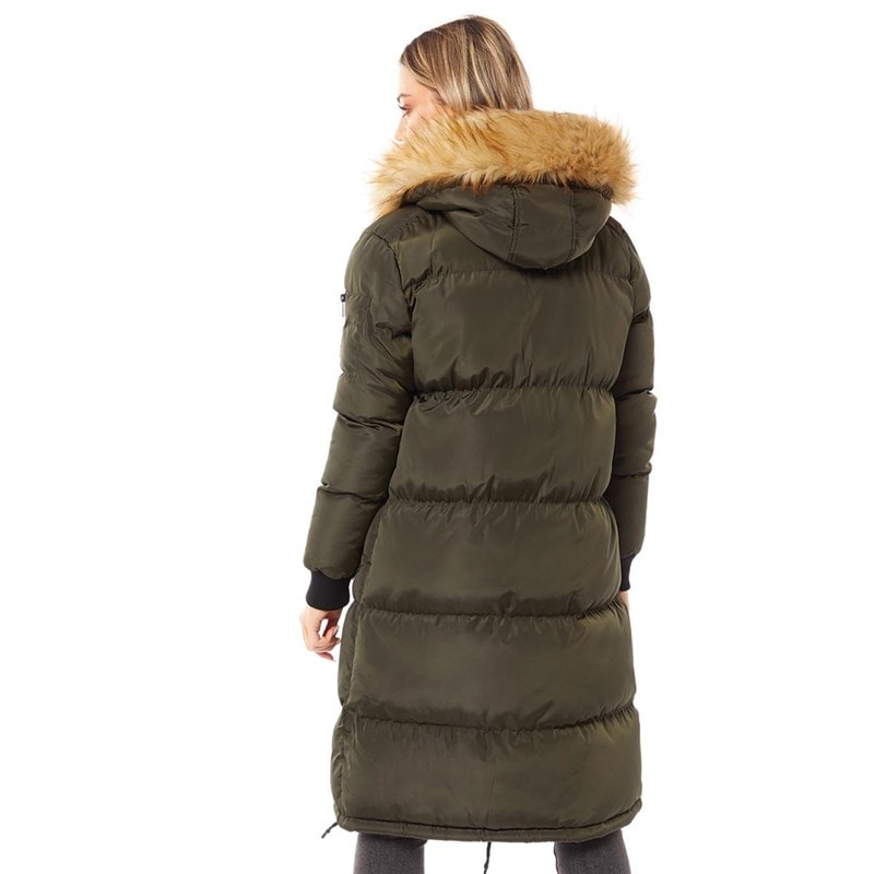 Brave Soul Womens Marcello Long Fur Trim Hooded Puffer Khaki - Image 2