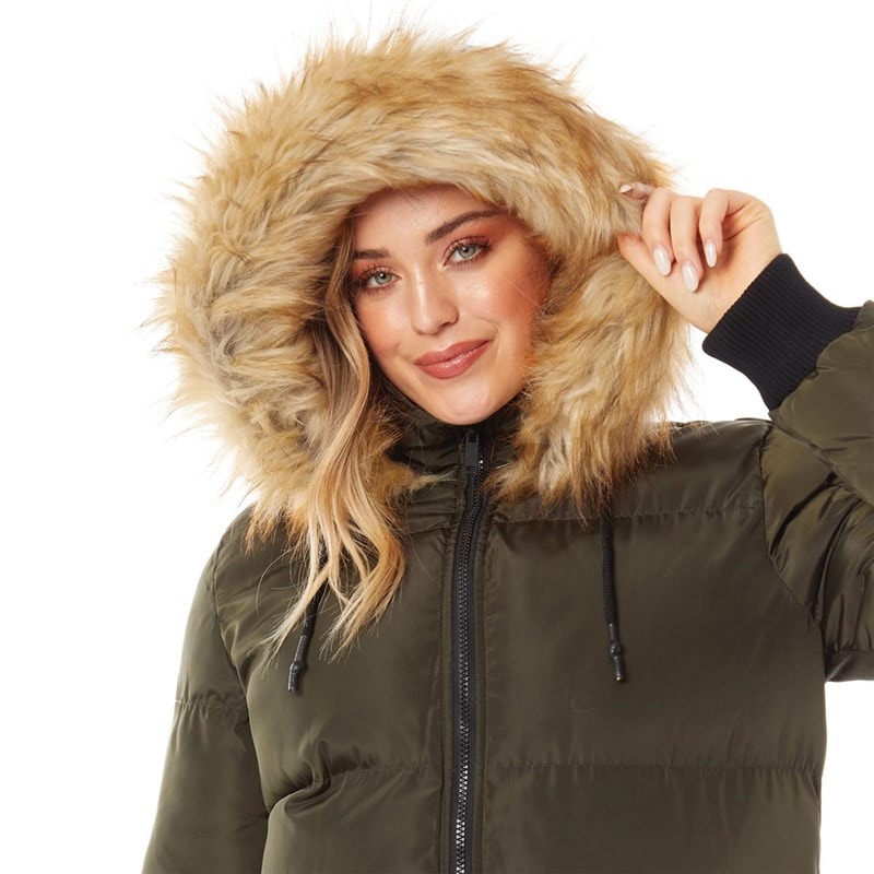 Brave Soul Womens Marcello Long Fur Trim Hooded Puffer Khaki - Image 3
