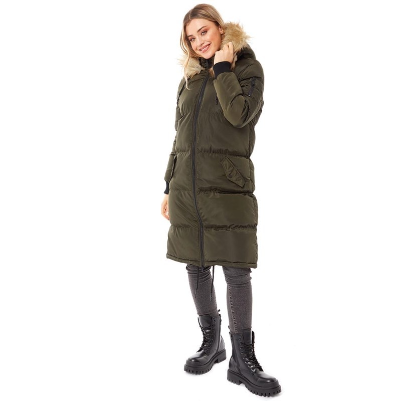 Brave Soul Womens Marcello Long Fur Trim Hooded Puffer Khaki - Image 4