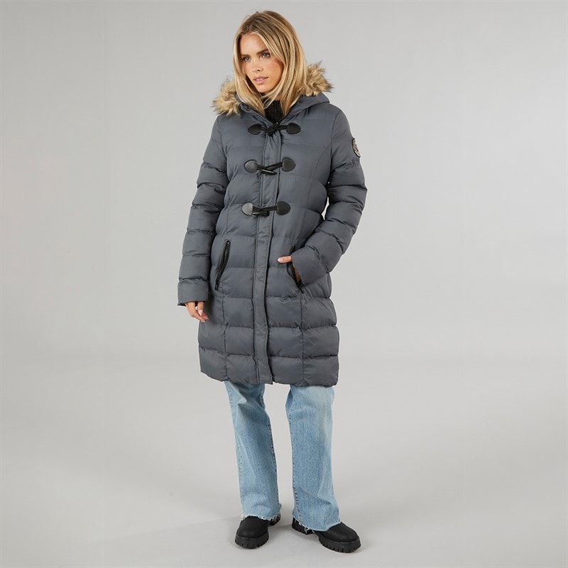 Brave Soul Womens Wizard Long Padded Coat With Faux Fur Trim Hood Grey - Image 4