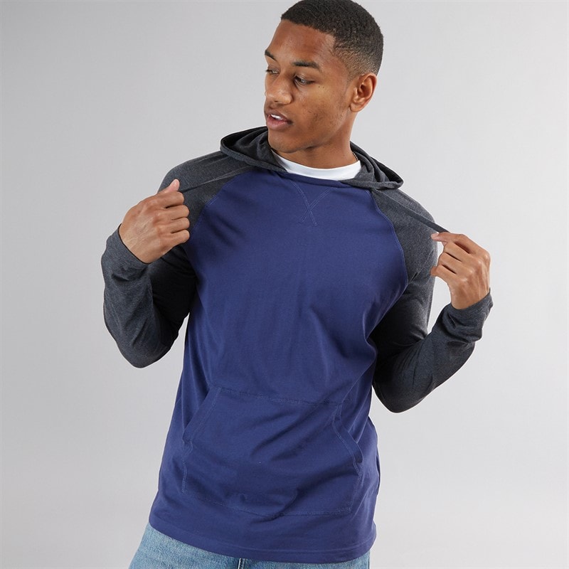 Brave Soul Mens French Long Sleeve Top With Hood Ink Blue/Dark Charcoal - Image 1