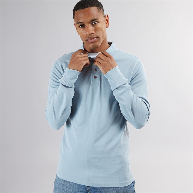 Brave Soul Mens Centre Long Sleeve Polo Shirt Dusky Blue - Image 1