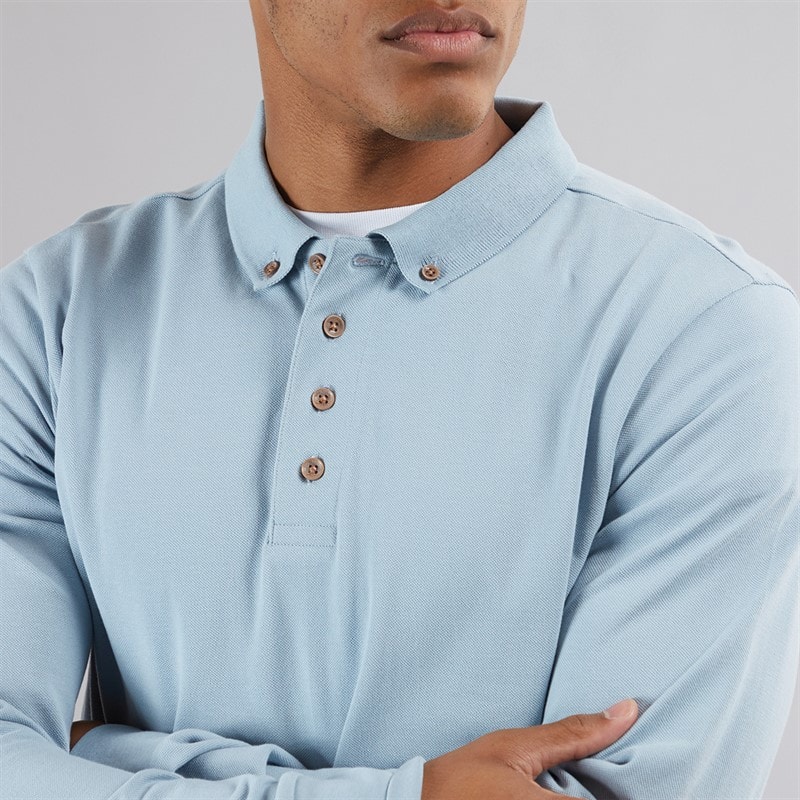 Brave Soul Mens Centre Long Sleeve Polo Shirt Dusky Blue - Image 3