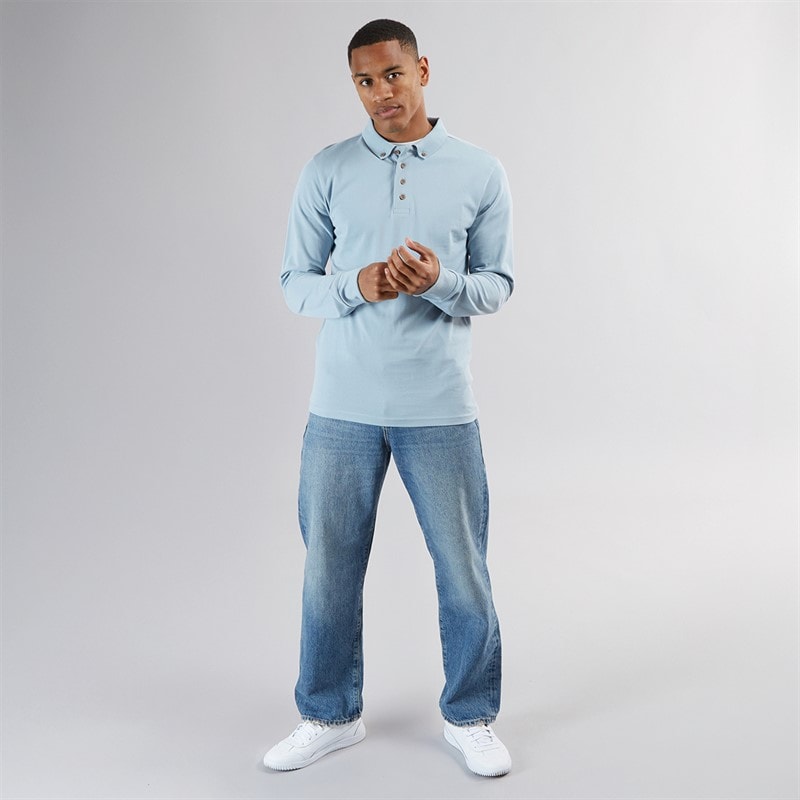 Brave Soul Mens Centre Long Sleeve Polo Shirt Dusky Blue - Image 4