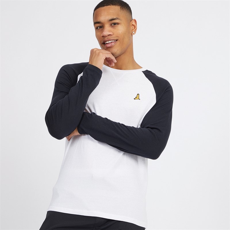 Brave Soul Mens Terence Long Sleeve Crew Neck T-Shirt Optic White/Dark Navy - Image 1