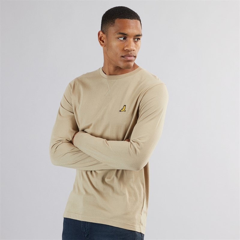 Brave Soul Mens Franzb Long Sleeve Crew Neck T-Shirt Stone/Mid Khaki - Image 3