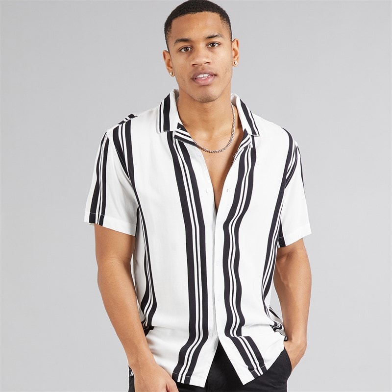 Brave Soul Mens Rhone Short Sleeve Shirt Optic White/Black Print