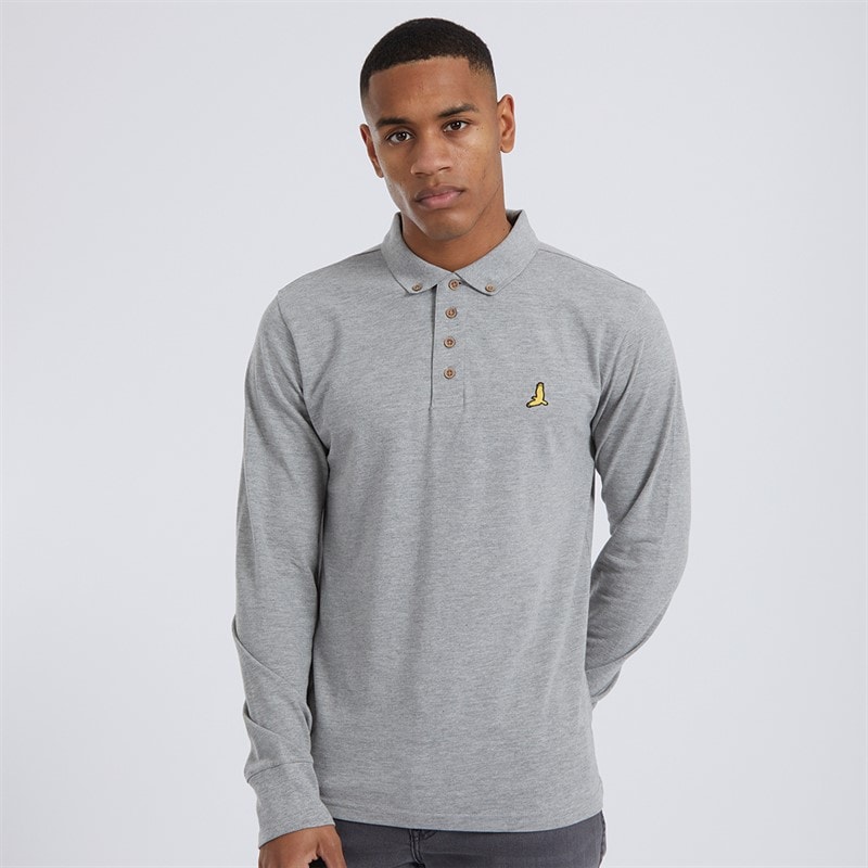 Brave Soul Mens General Long Sleeve Polo Shirt Top Light Grey Marl - Image 1