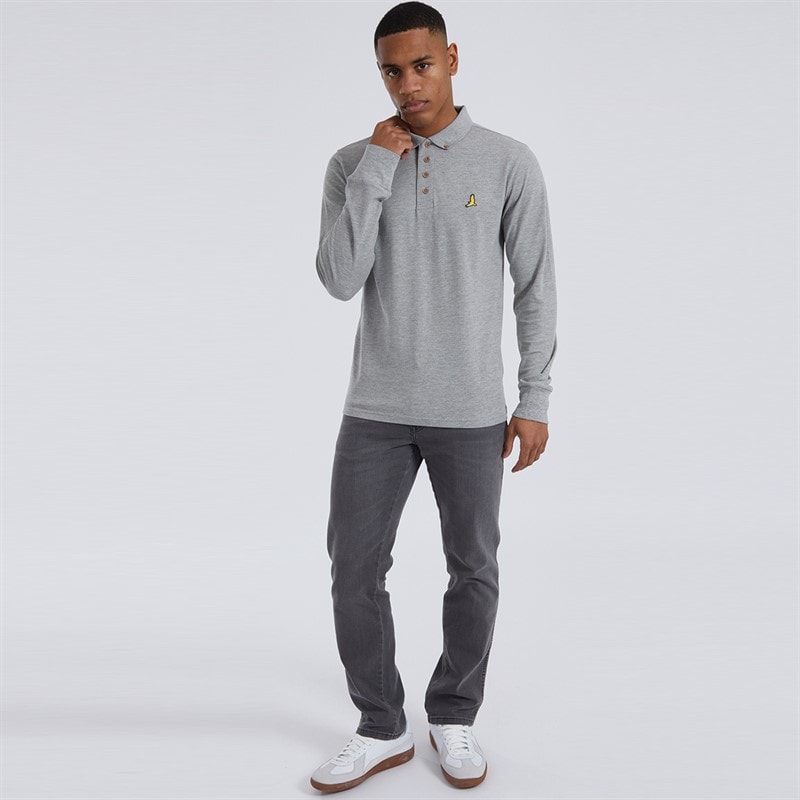 Brave Soul Mens General Long Sleeve Polo Shirt Top Light Grey Marl - Image 4