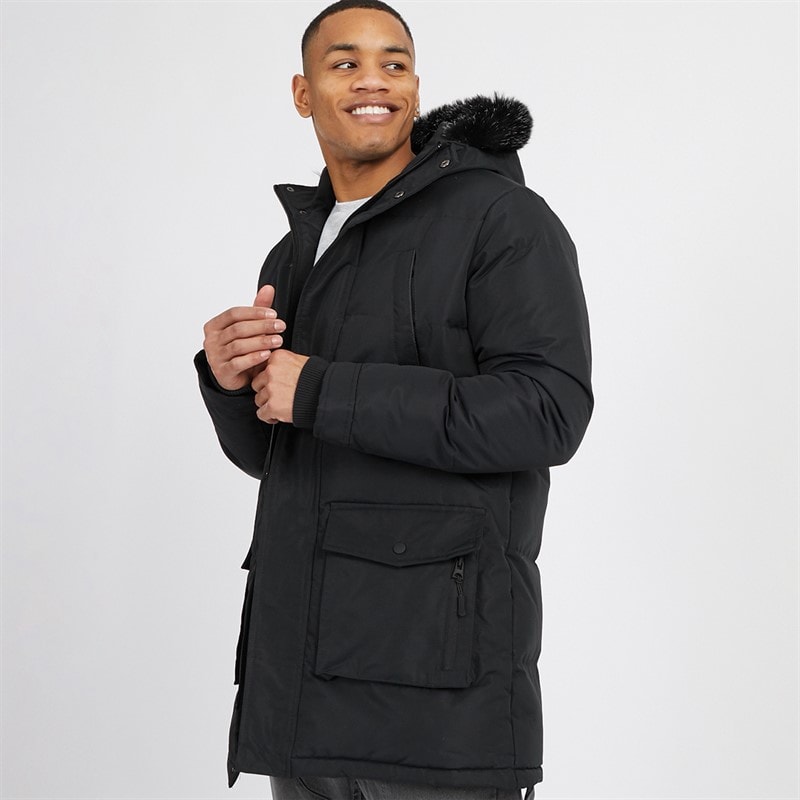 Brave Soul Mens Jethrow Tech Long Length Parka Black - Image 1
