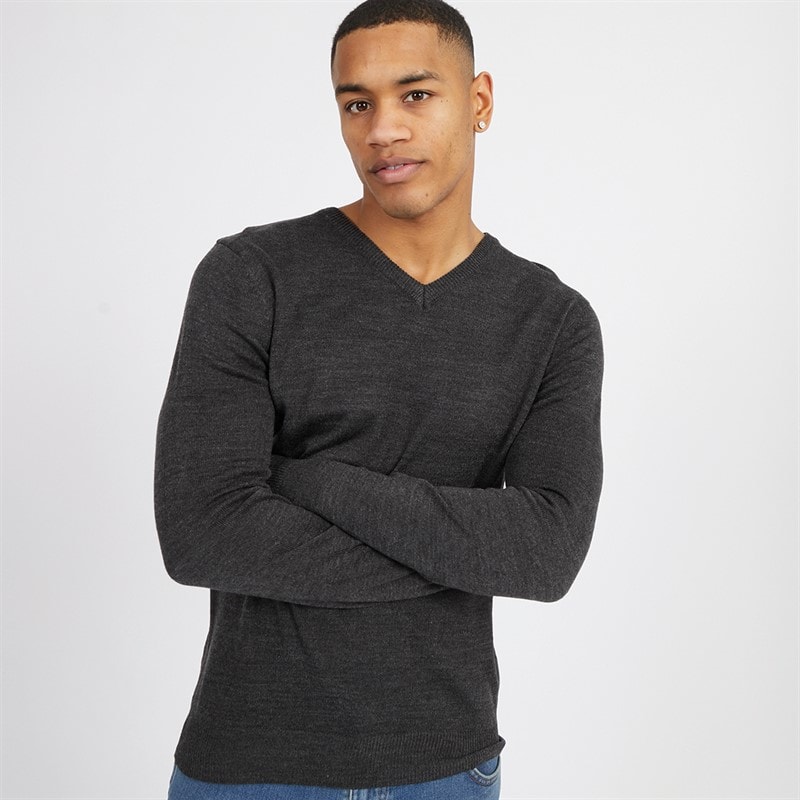 Brave Soul Mens Celestial V Neck Jumper Dark Charcoal Mix