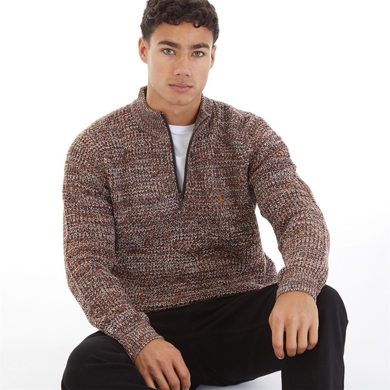Brave Soul Mens Quarrie 1/4 Zip Funnel Neck Jumper Black/Brown/Ecru - Image 1