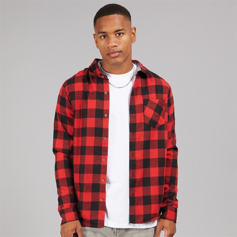 Brave Soul Mens Jack Checked Long Sleeve Shirt Red/Black - Image 1