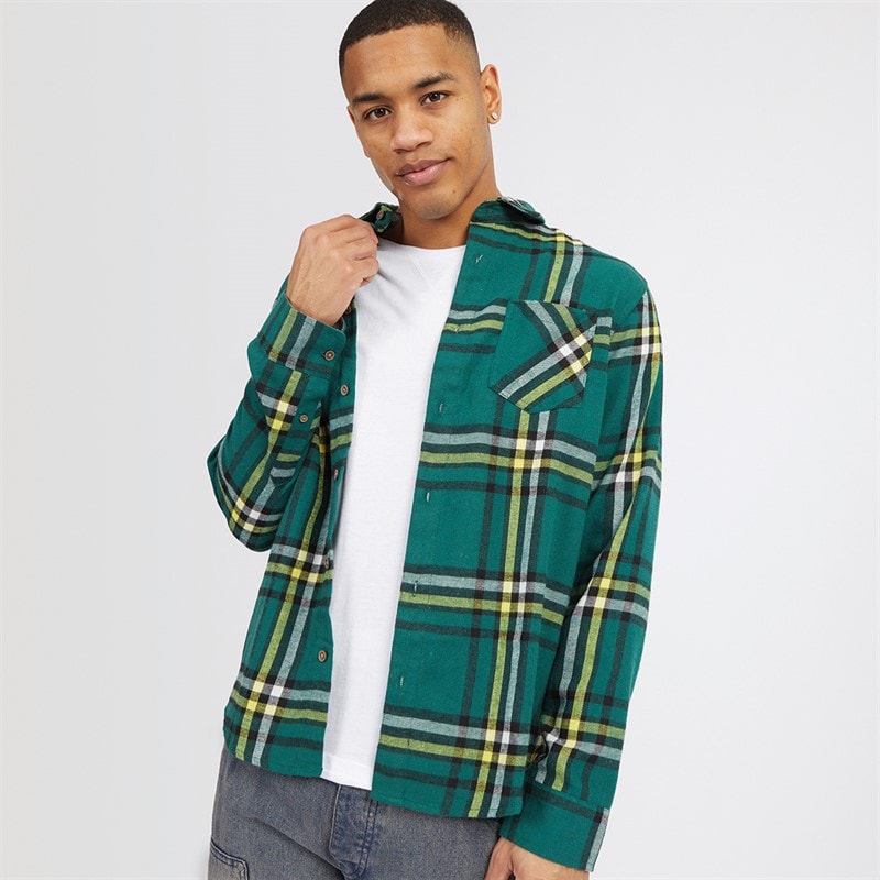 Brave Soul Mens Arnault Checked Long Sleeve Shirt Green Check - Image 1
