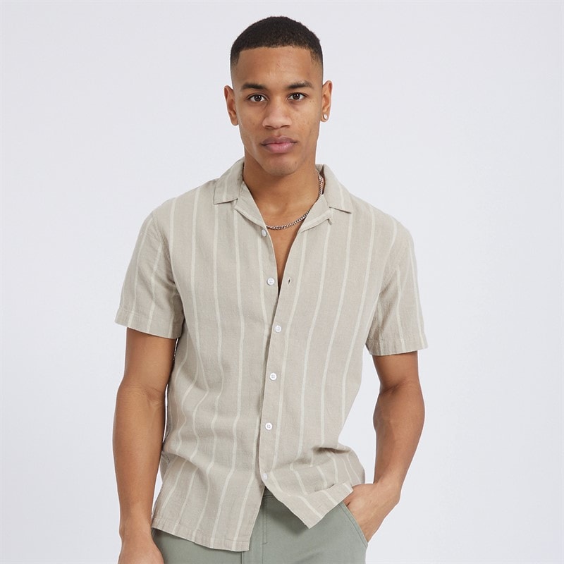 Brave Soul Mens Gogh Short Sleeve Shirt Stone/Ecru