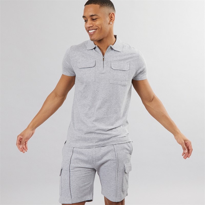 Brave Soul Mens Hubble Polo Shirt and Shorts Set Light Grey Marl