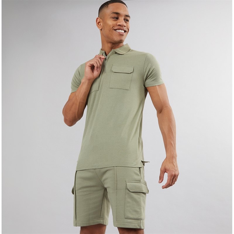 Brave Soul Mens Hubble Polo Shirt and Shorts Set Washed Sage