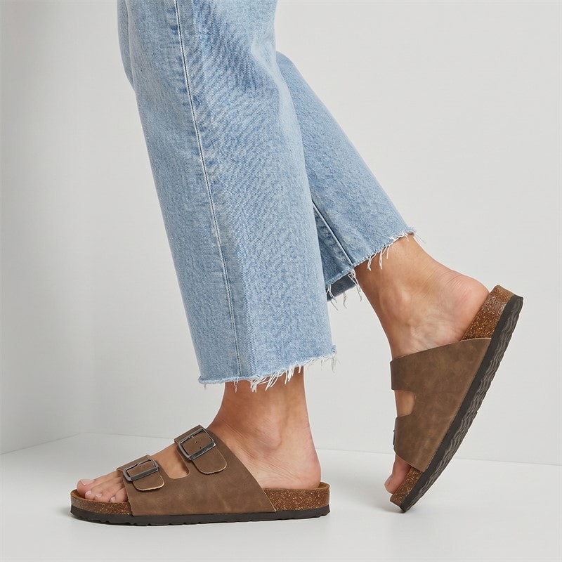 Brave Soul Womens Double Buckle Footbed Sandals Brown Washed - Image 1