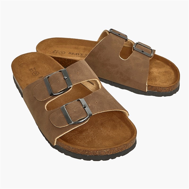 Brave Soul Womens Double Buckle Footbed Sandals Brown Washed - Image 4