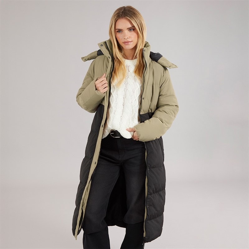 Brave Soul Womens Myra Long Hooded Puffer Coat Mocha/Black