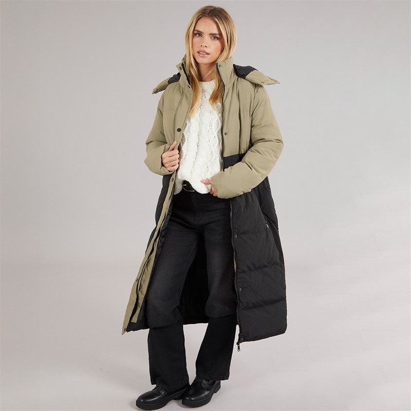 Brave Soul Womens Myra Long Hooded Puffer Coat Mocha/Black - Image 4