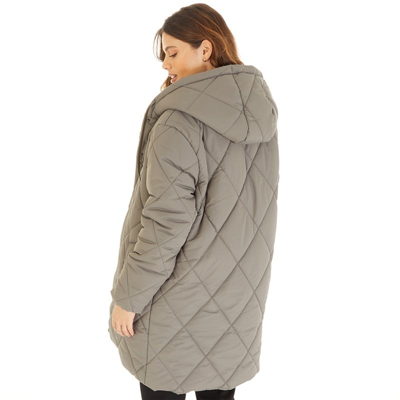 Brave Soul Womens Chantria Long Hooded Diamond Quilt Coat Charcoal - Image 2