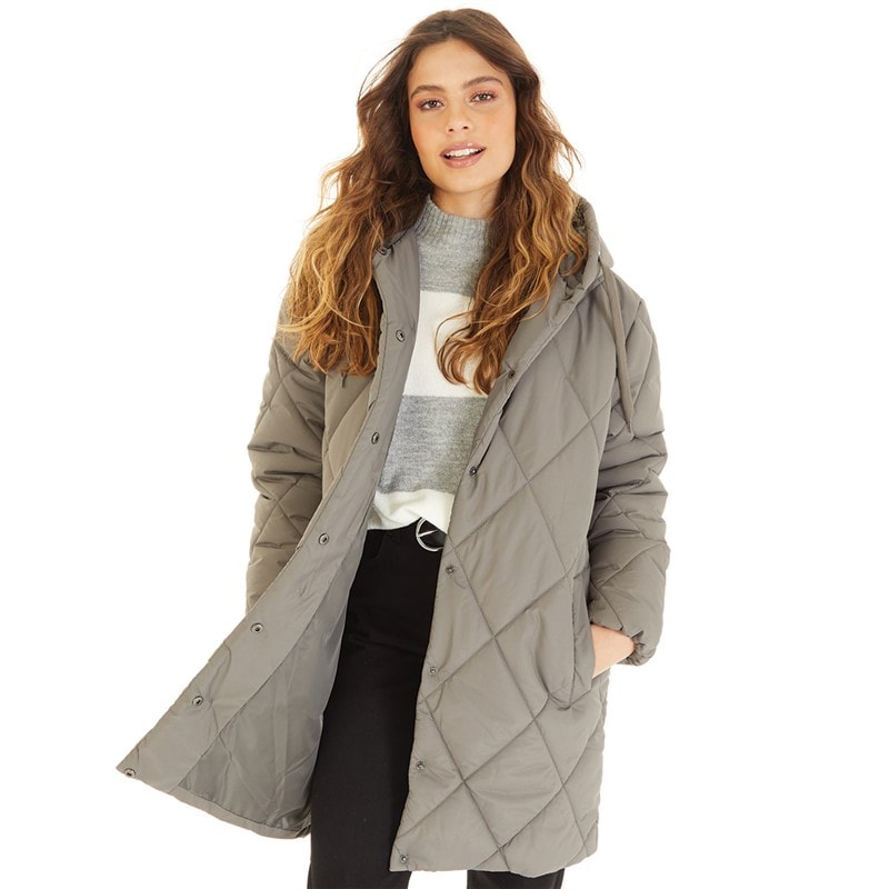 Brave Soul Womens Chantria Long Hooded Diamond Quilt Coat Charcoal - Image 3
