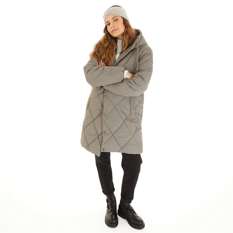 Brave Soul Womens Chantria Long Hooded Diamond Quilt Coat Charcoal - Image 4