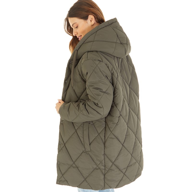 Brave Soul Womens Chantria Long Hooded Diamond Quilt Coat Khaki - Image 2
