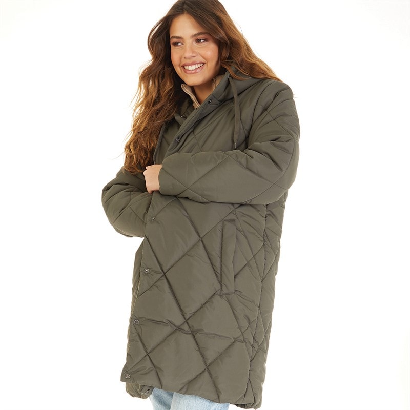 Brave Soul Womens Chantria Long Hooded Diamond Quilt Coat Khaki - Image 3