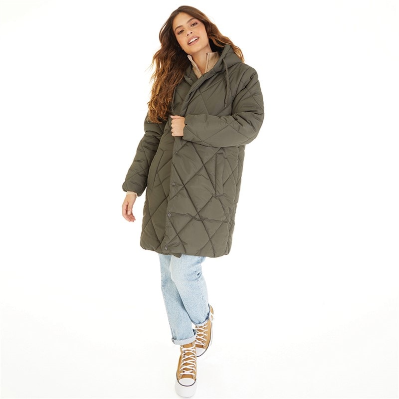 Brave Soul Womens Chantria Long Hooded Diamond Quilt Coat Khaki - Image 4