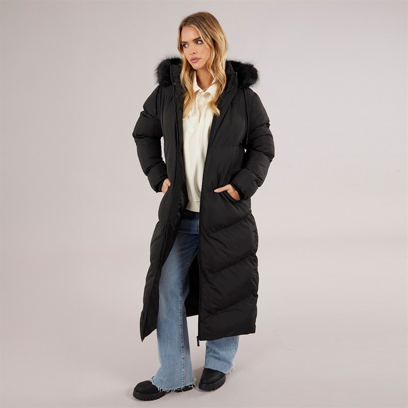 Brave Soul Womens Marcella Long Hooded Puffer Coat Black - Image 3